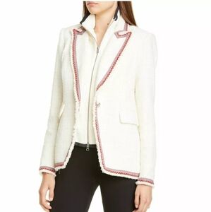 Veronica Beard Raw Edge Cutaway White Tweed Dickey Blazer with Red Trim 0